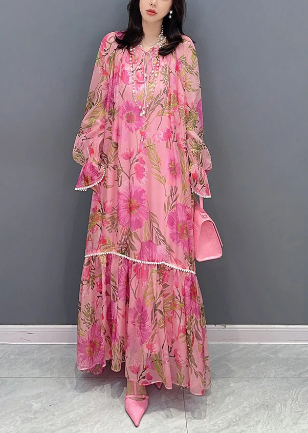 Stylish Pink Print Patchwork Chiffon Long Dress Fall - Image 3