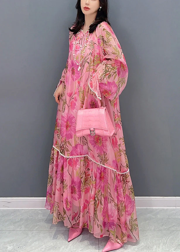 Stylish Pink Print Patchwork Chiffon Long Dress Fall - Image 4