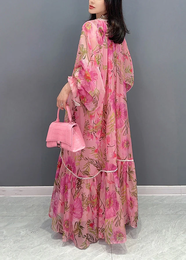 Stylish Pink Print Patchwork Chiffon Long Dress Fall - Image 5