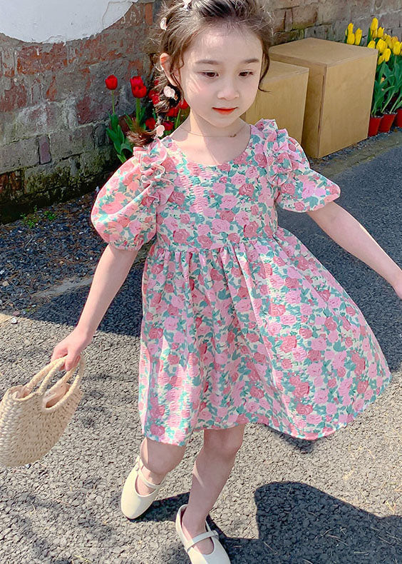 Stylish Pink Print Ruffled Bow Patchwork Chiffon Kids Girls Dress Summer - Image 2