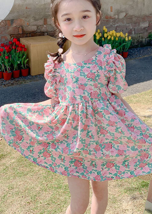Stylish Pink Print Ruffled Bow Patchwork Chiffon Kids Girls Dress Summer - Image 3
