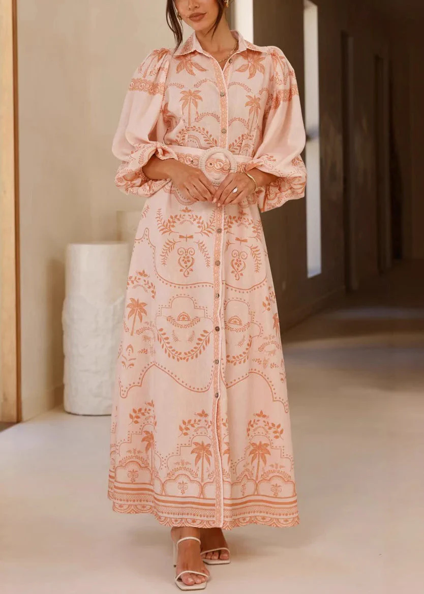Stylish Pink Print Sashes Linen Shirts Dress Puff Sleeve - Image 2
