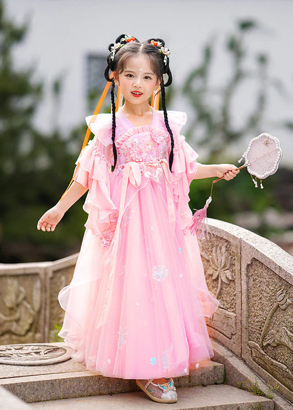 Stylish Pink Ruffled Patchwork Snow Embroideried Tulle Layered Girls Maxi Dresses Summer - Image 2