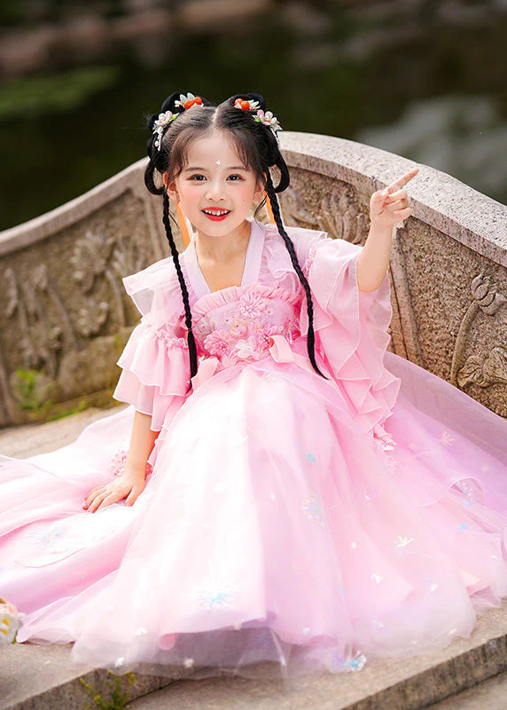 Stylish Pink Ruffled Patchwork Snow Embroideried Tulle Layered Girls Maxi Dresses Summer - Image 3