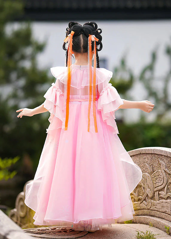 Stylish Pink Ruffled Patchwork Snow Embroideried Tulle Layered Girls Maxi Dresses Summer - Image 4