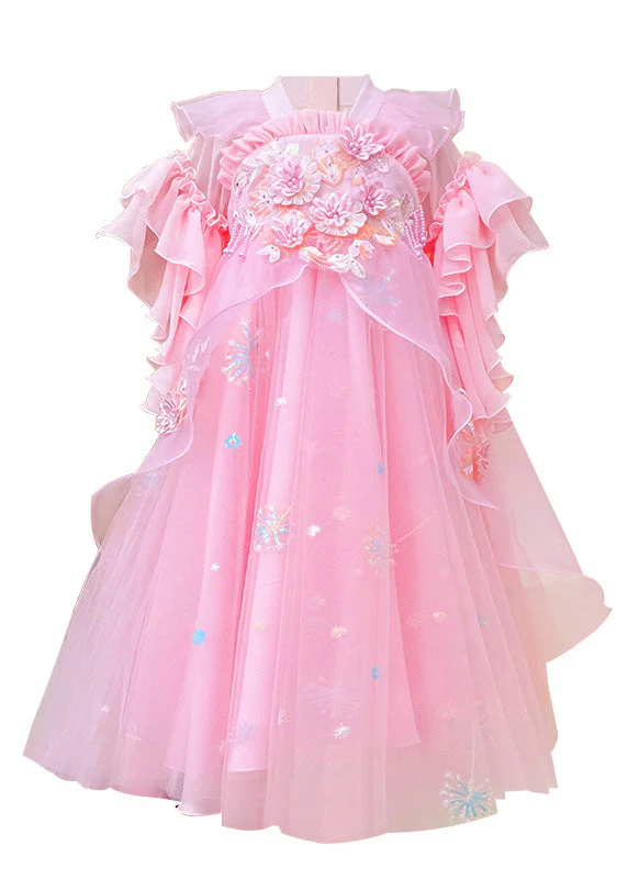 Stylish Pink Ruffled Patchwork Snow Embroideried Tulle Layered Girls Maxi Dresses Summer - Image 5