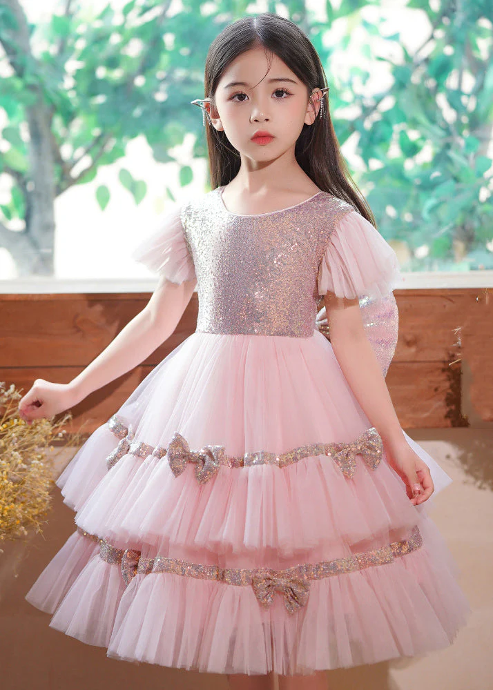 Stylish Pink Sequins Patchwork Bow Exra Large Hem Tulle Baby Girls Maxi Dresses Summer - Image 2