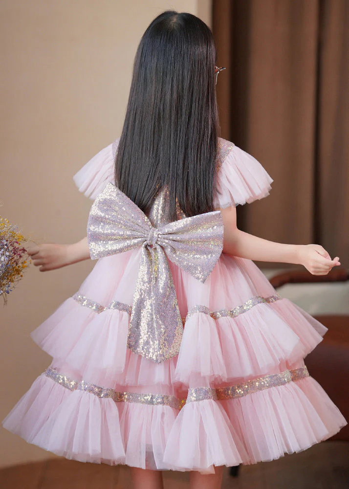 Stylish Pink Sequins Patchwork Bow Exra Large Hem Tulle Baby Girls Maxi Dresses Summer - Image 5
