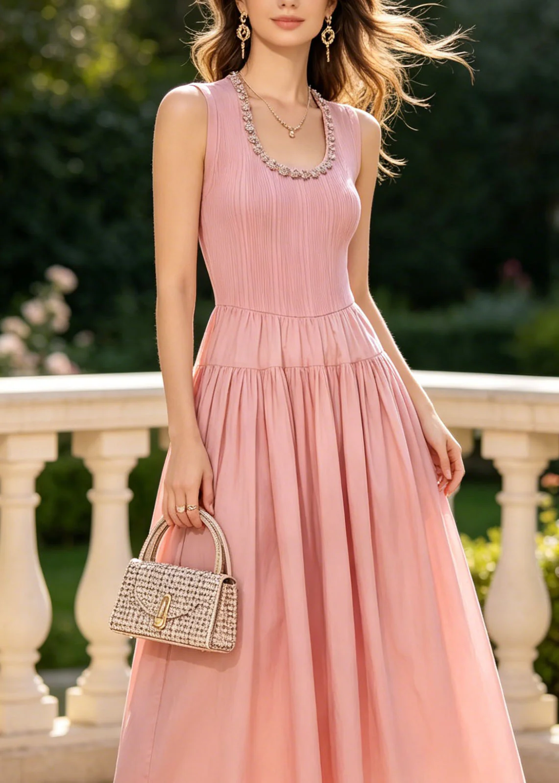 Stylish Pink U Neck Zircon Patchwork Cotton Dress Sleeveless - Image 2