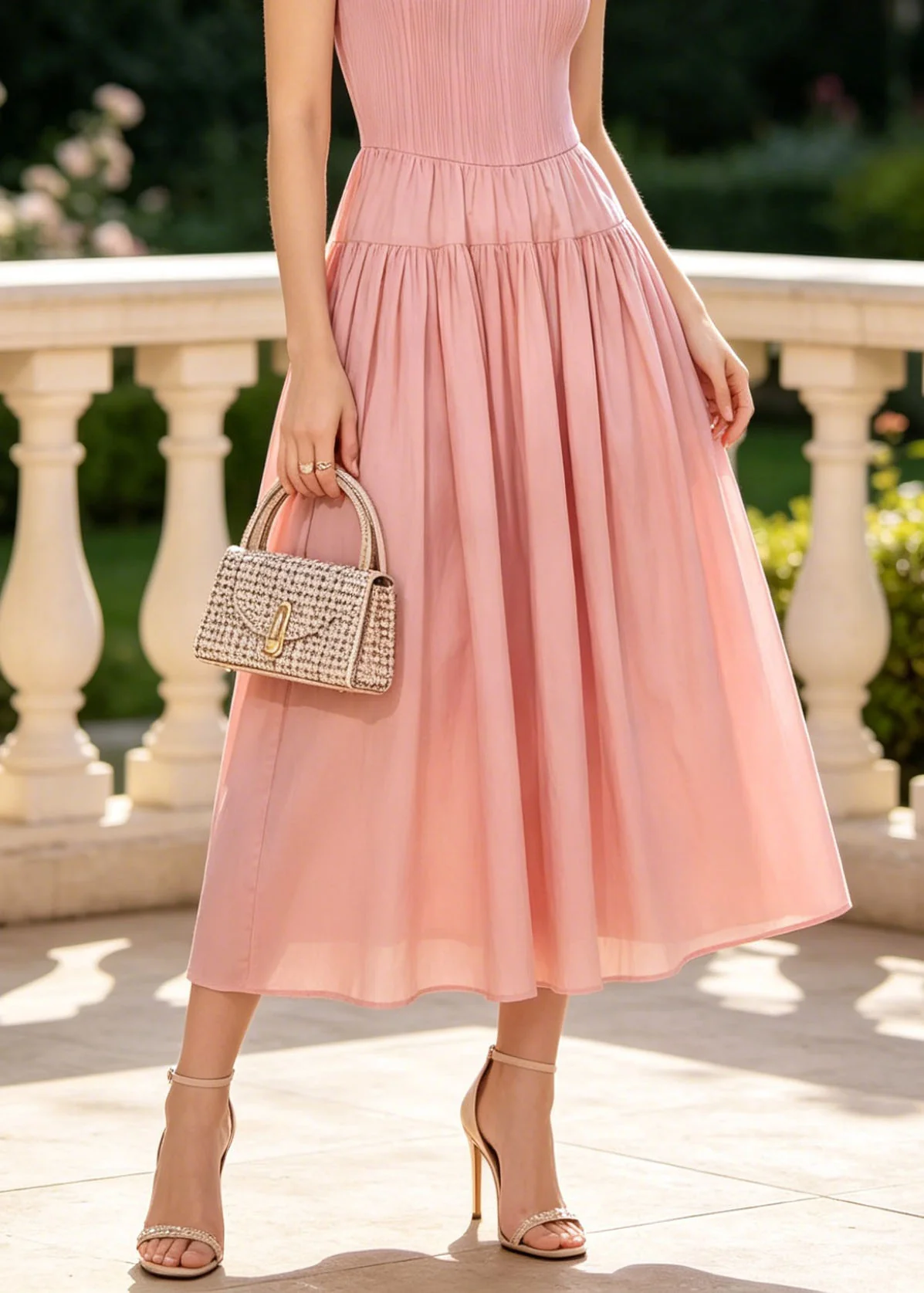 Stylish Pink U Neck Zircon Patchwork Cotton Dress Sleeveless - Image 4