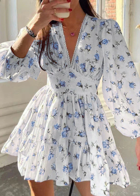 Stylish Pink V Neck Print Lace Cotton Mid Dress Spring - Image 3