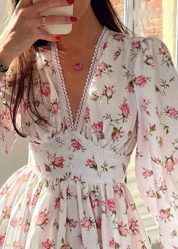Stylish Pink V Neck Print Lace Cotton Mid Dress Spring - Image 4