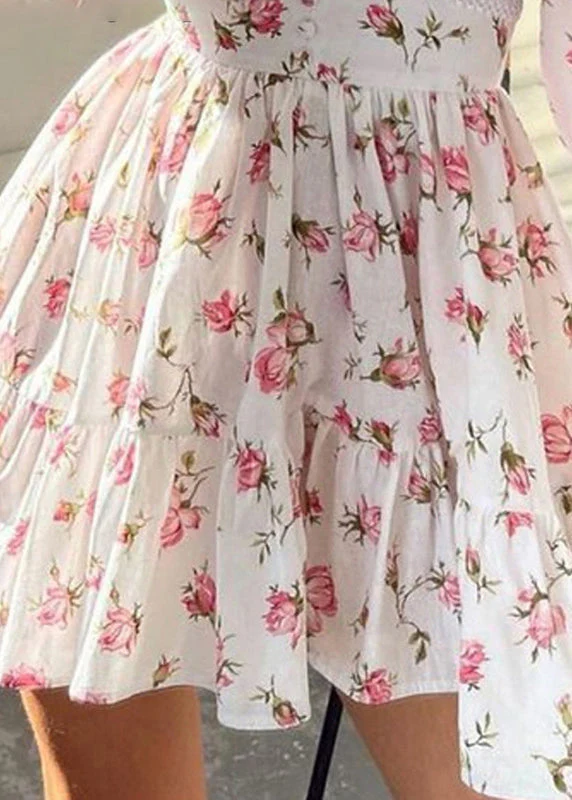 Stylish Pink V Neck Print Lace Cotton Mid Dress Spring - Image 5
