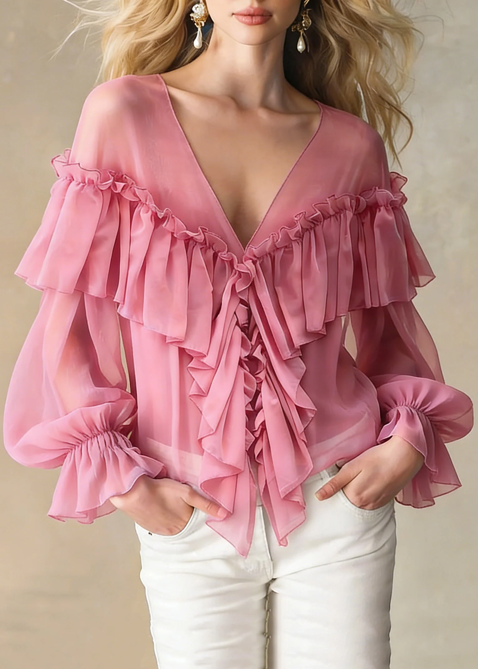Stylish Pink V Neck Ruffled Chiffon Shirts Spring - Image 3