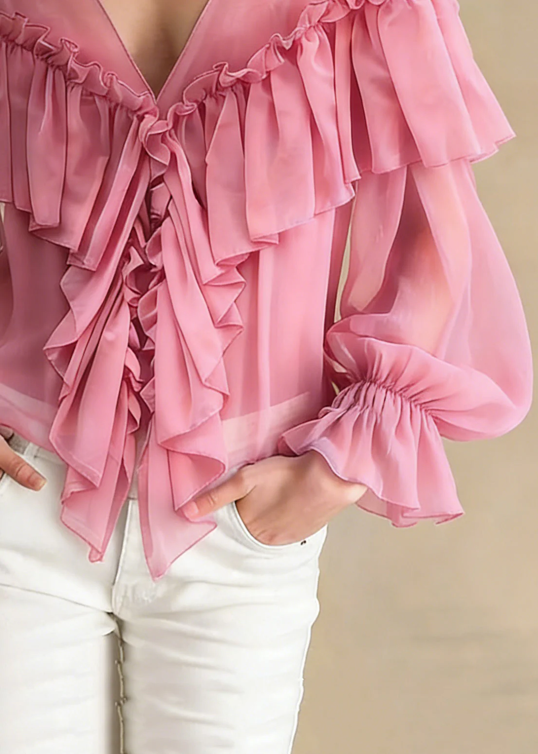 Stylish Pink V Neck Ruffled Chiffon Shirts Spring - Image 4