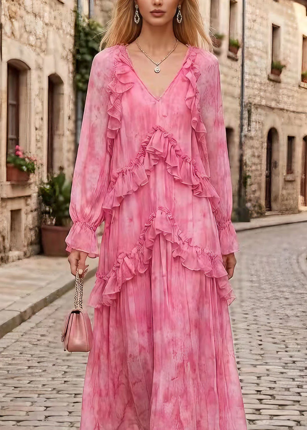 Stylish Pink V Neck Ruffled Patchwork Chiffon Dress Spring - Image 2