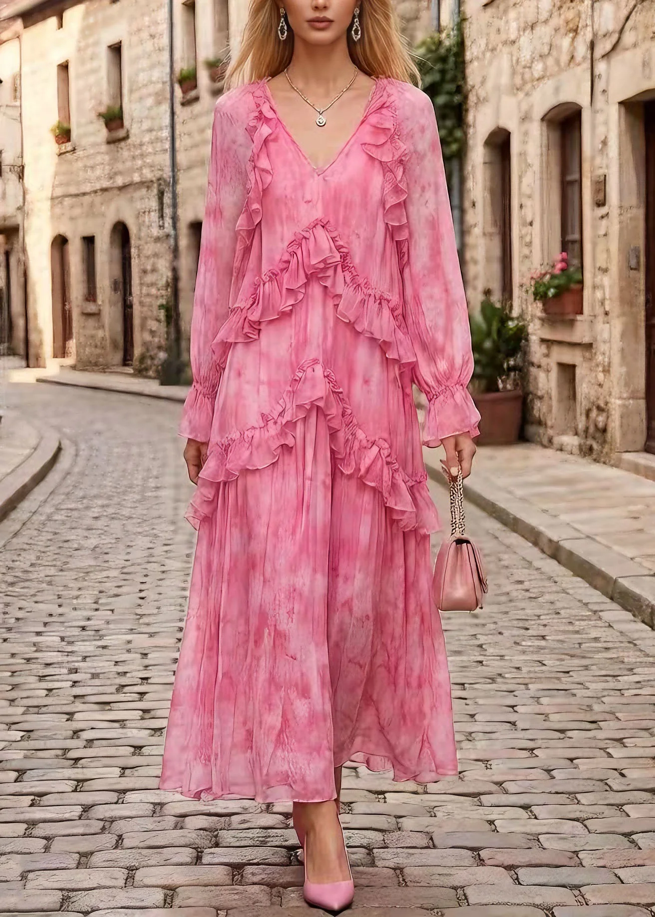 Stylish Pink V Neck Ruffled Patchwork Chiffon Dress Spring - Image 3