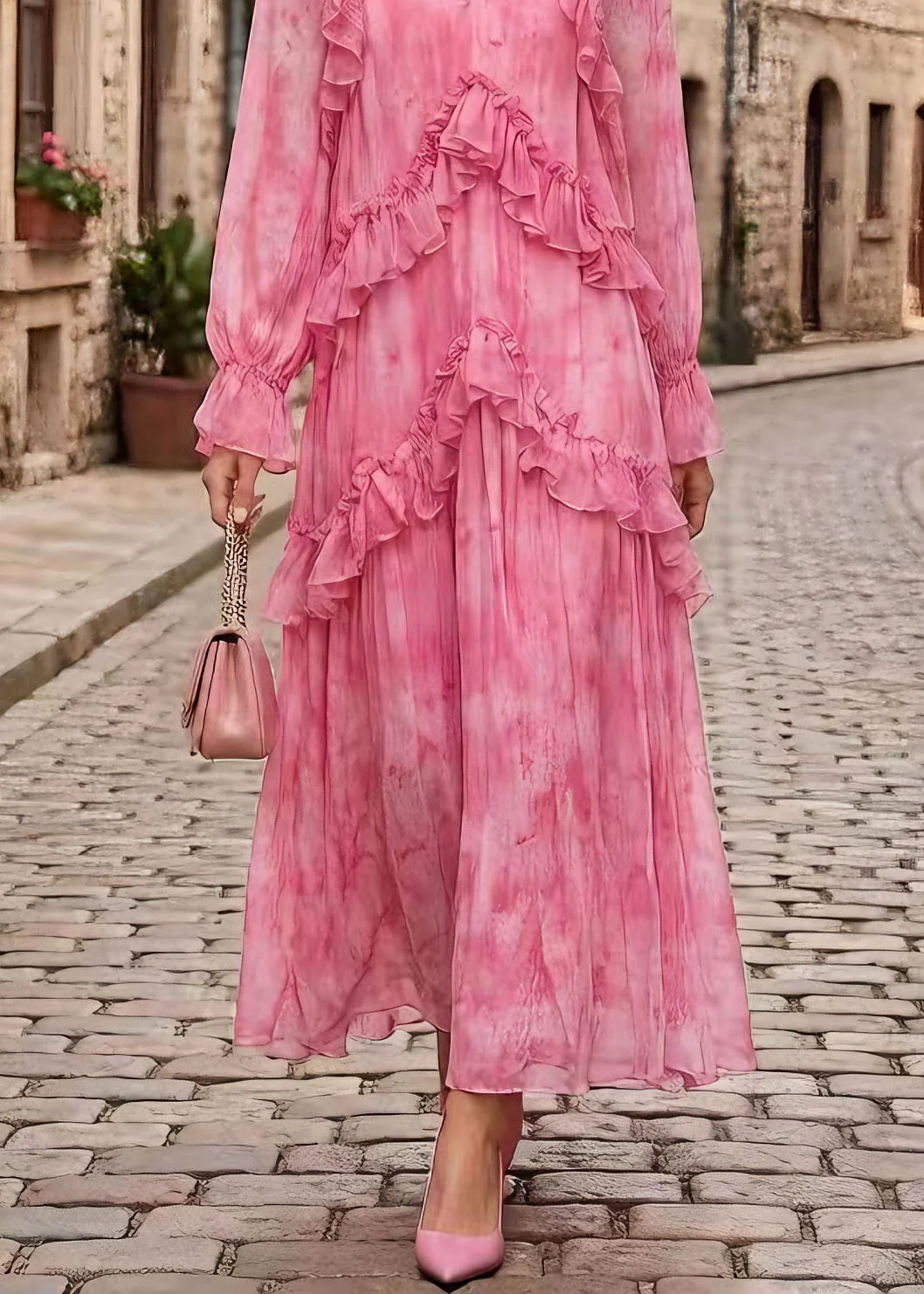 Stylish Pink V Neck Ruffled Patchwork Chiffon Dress Spring - Image 4