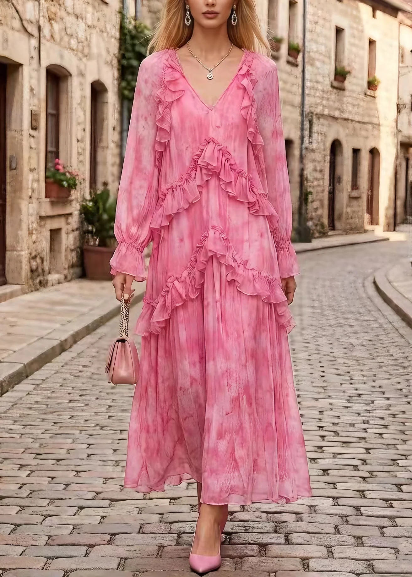Stylish Pink V Neck Ruffled Patchwork Chiffon Dress Spring - Image 5