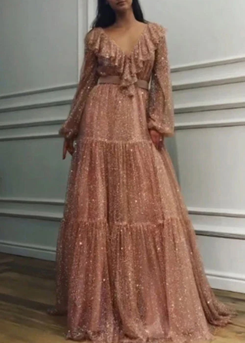 Stylish Pink V Neck Wrinkled Tulle Maxi Dress Spring - Image 2