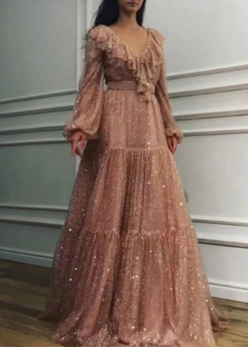 Stylish Pink V Neck Wrinkled Tulle Maxi Dress Spring - Image 3