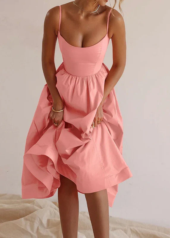 Stylish Pink Wrinkled Cotton Spaghetti Strap Dress Summer - Image 5
