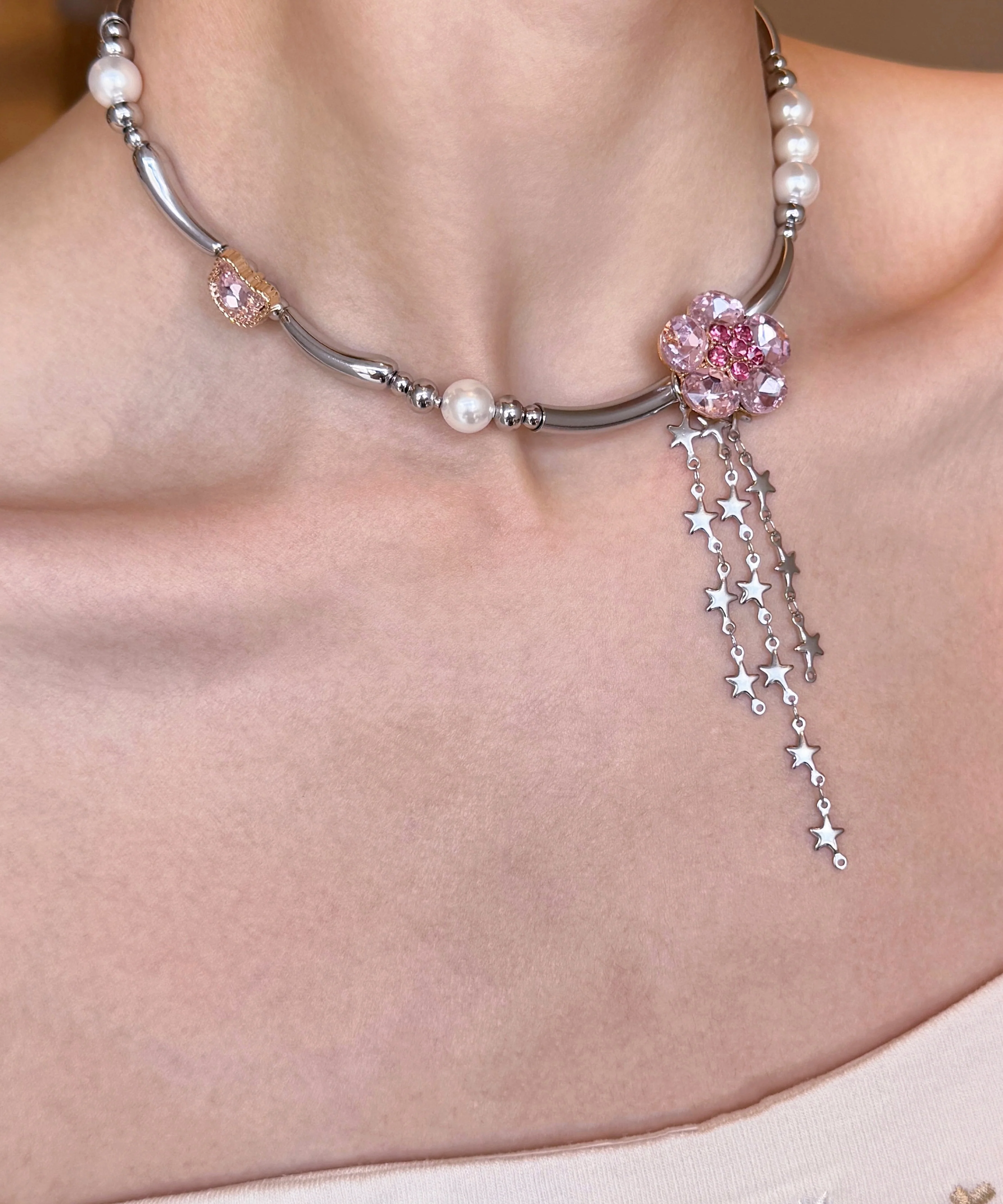 Stylish Pink Zircon Pearl Tassel Adjustable Alloy Choker - Image 4