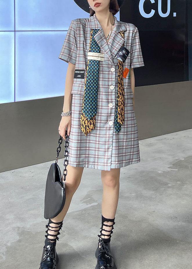 Stylish Plaid Peter Pan CollarButton Mini Dress Summer - Image 3