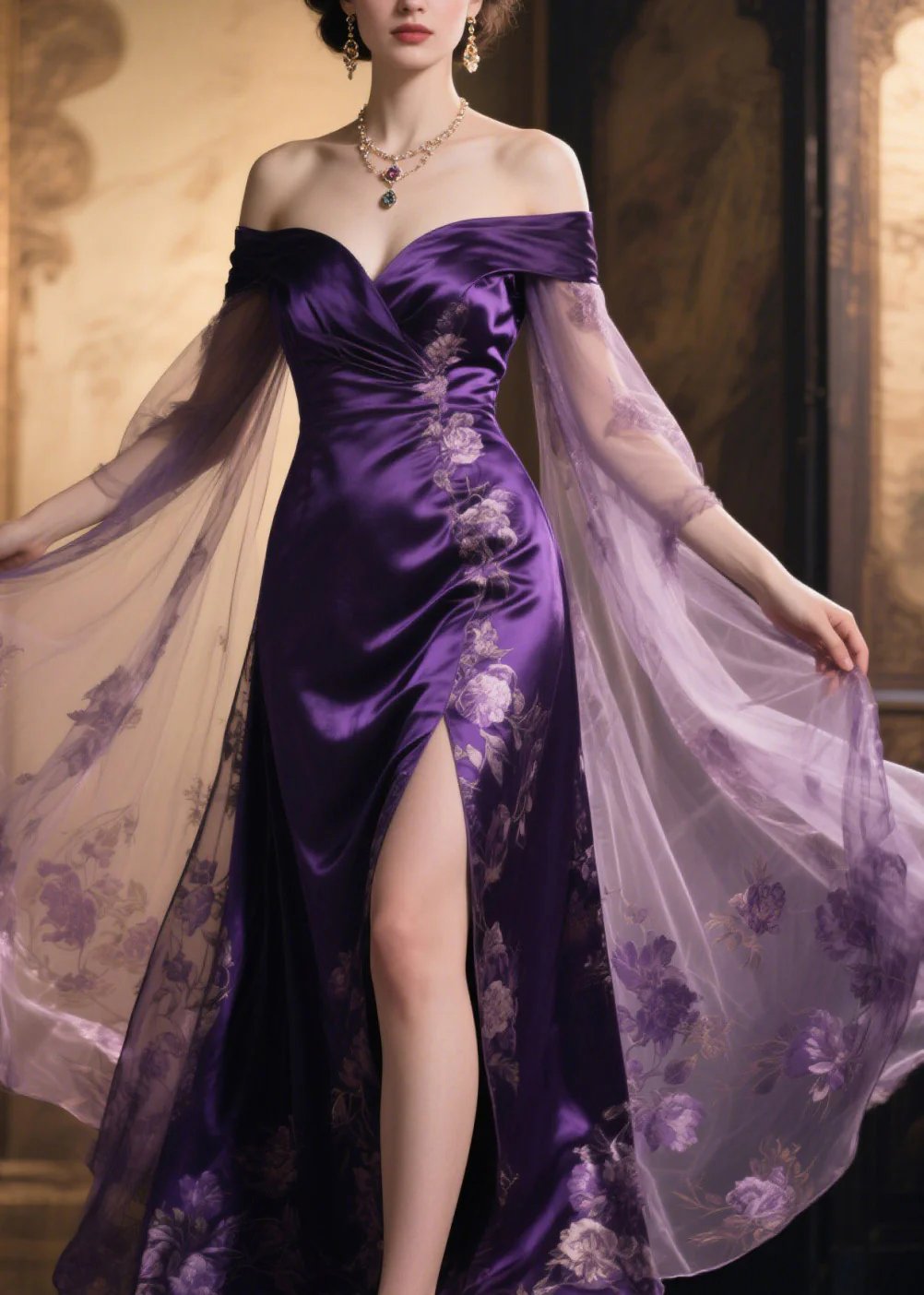 Stylish Print Cold Shoulder Tulle Patchwork Silk Dress Summer - Image 2