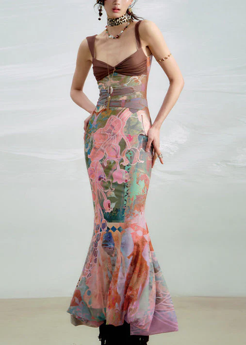Stylish Print High Waist Patchwork Cotton Spaghetti Strap Dress Sleeveless - Image 2