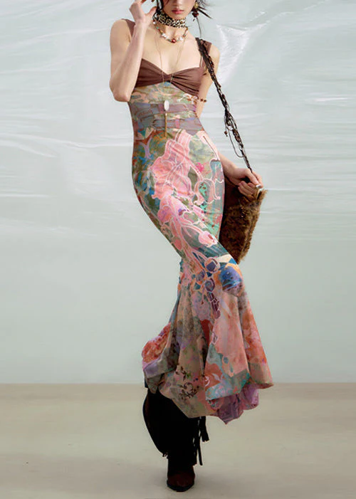 Stylish Print High Waist Patchwork Cotton Spaghetti Strap Dress Sleeveless - Image 3