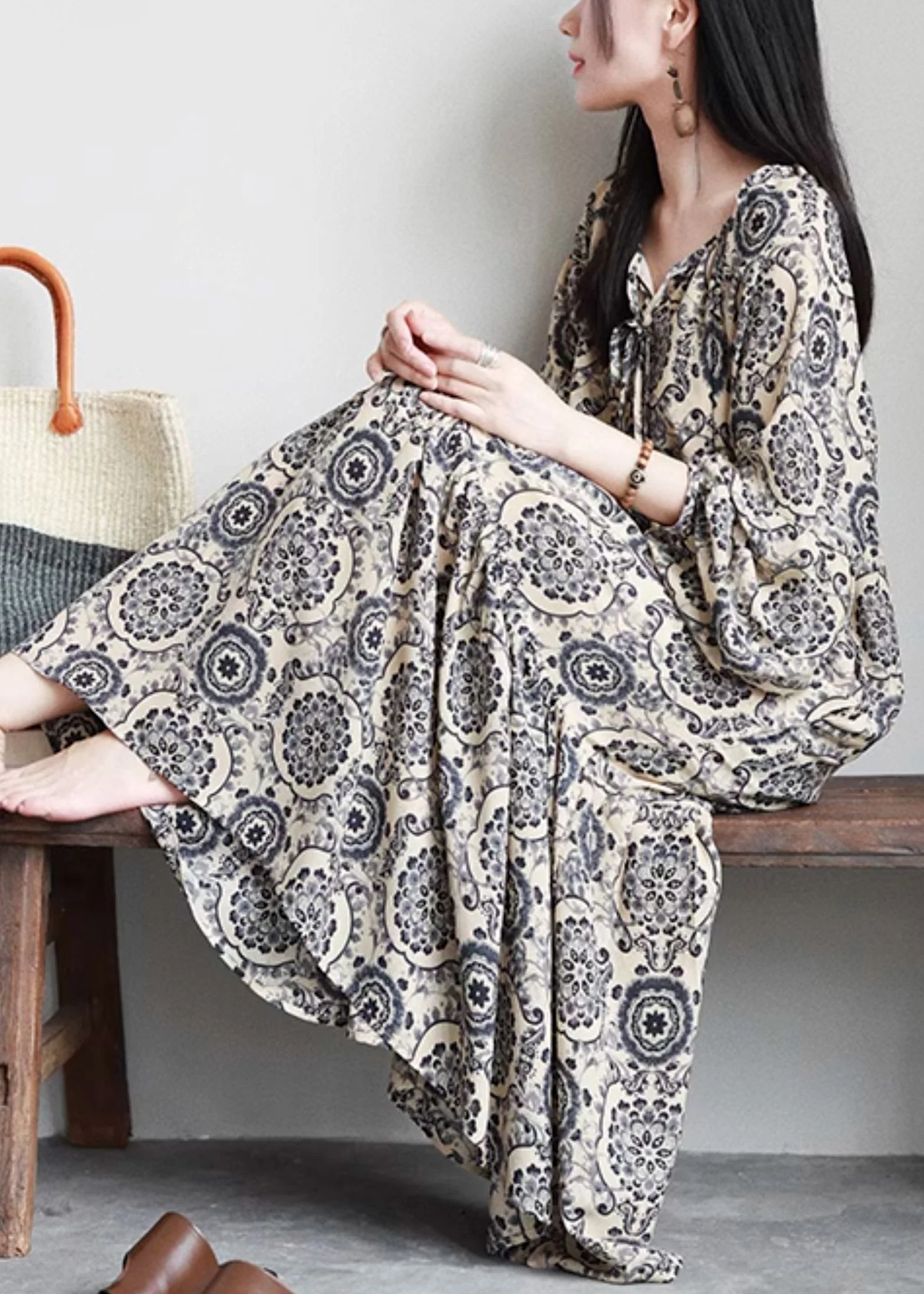 Stylish Print Lace Up Oversized Cotton Long Dresses Spring - Image 4