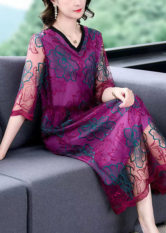 Stylish Purple Embroidered Floral Tulle Maxi Dress Summer - Image 2