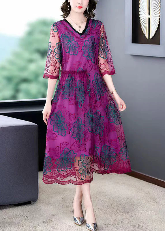 Stylish Purple Embroidered Floral Tulle Maxi Dress Summer - Image 3