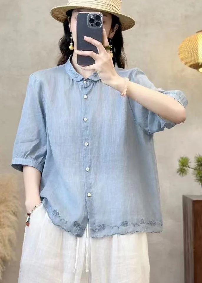 Stylish Purple Embroidered Linen Blouses Summer - Image 3