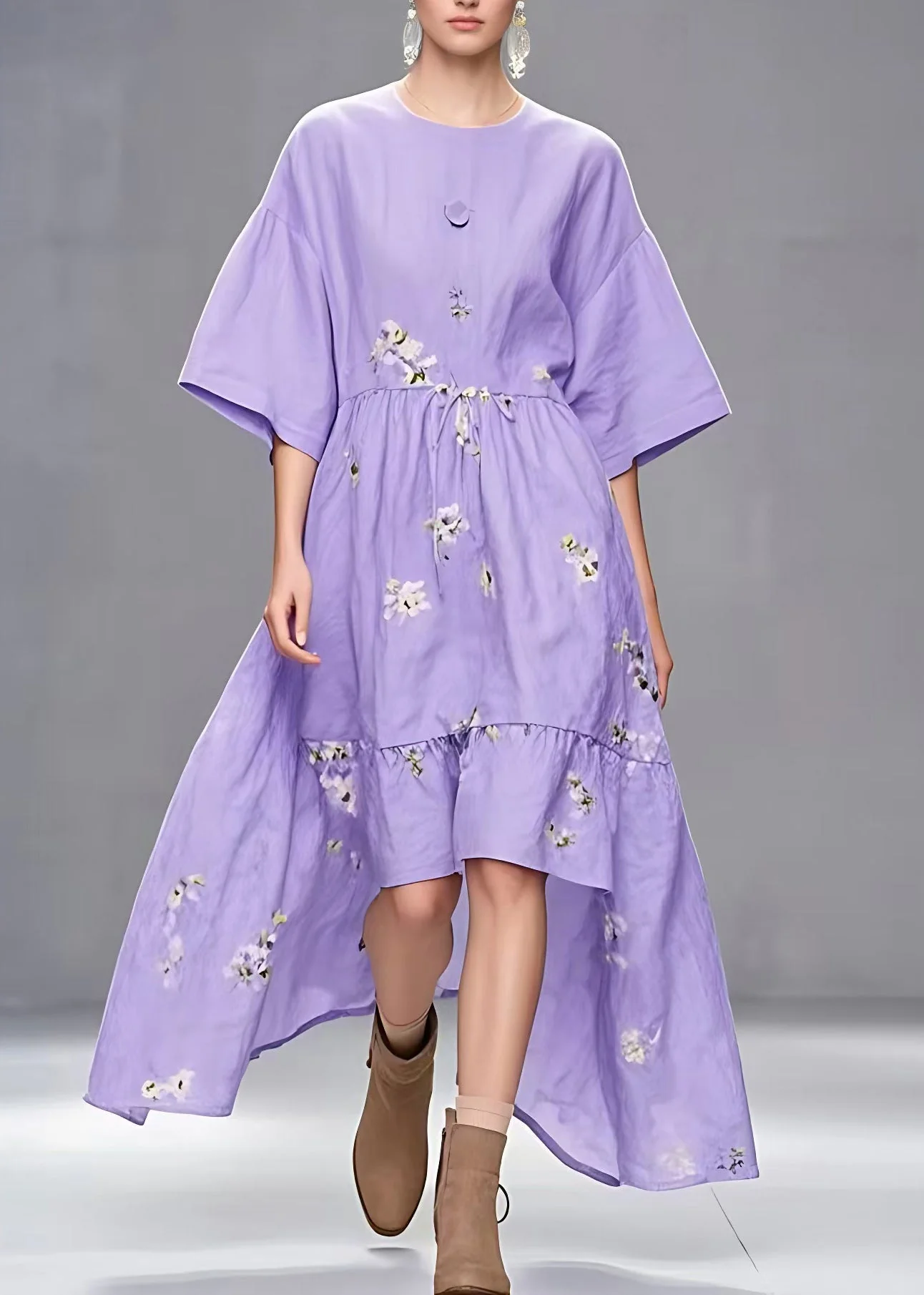 Stylish Purple O-Neck Tie Waist Low High Design Maxi Dresses Fall - Image 2