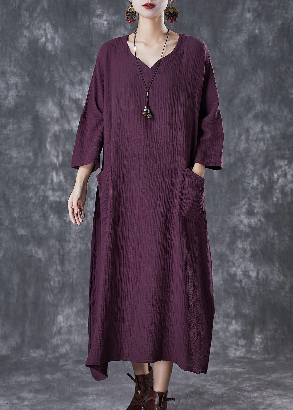 Stylish Purple Oversized Wrinkled Cotton Long Dresses Fall - Image 3