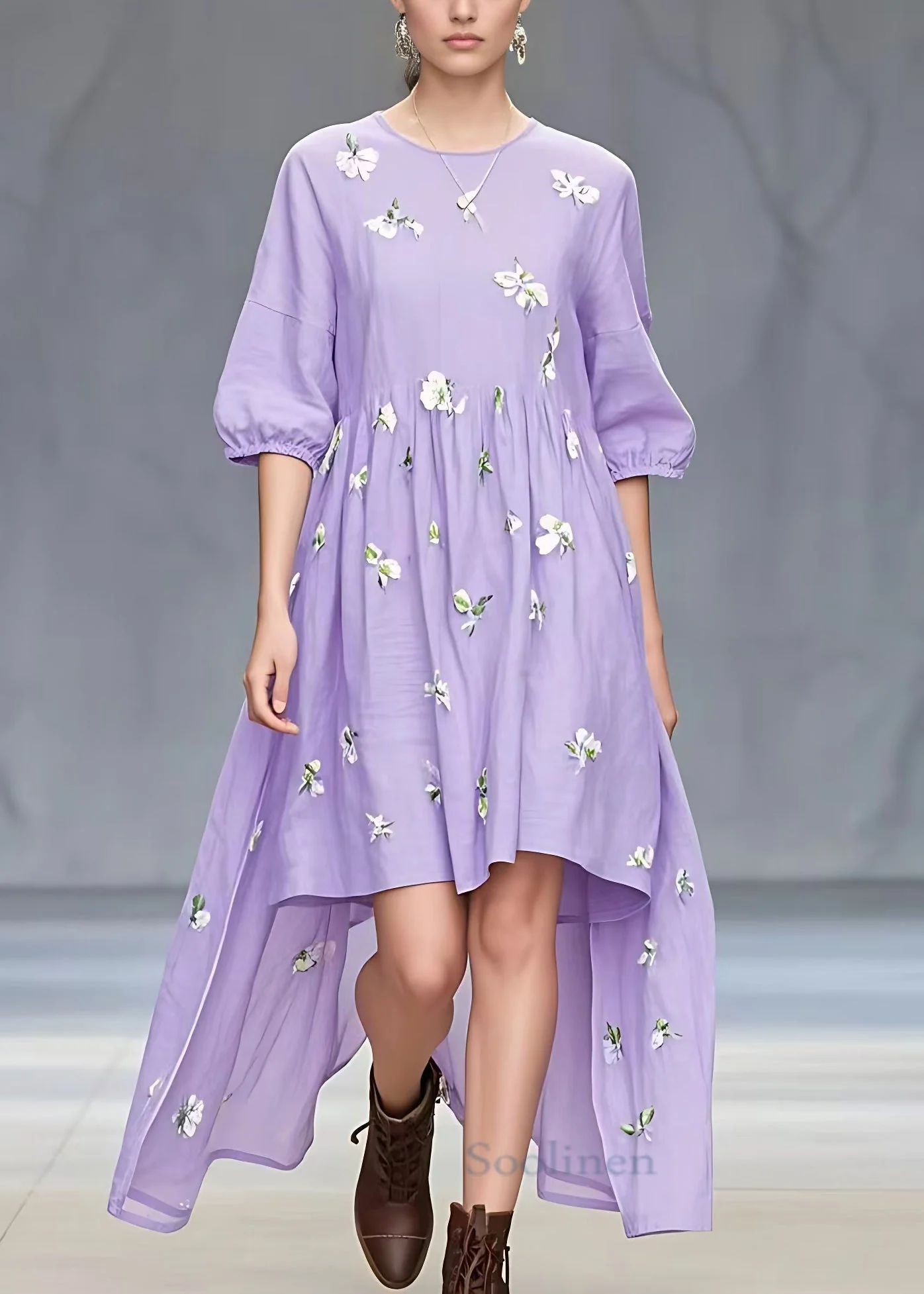 Stylish Purple Print Low High Design Cotton Dresses Half Sleeve - Image 2
