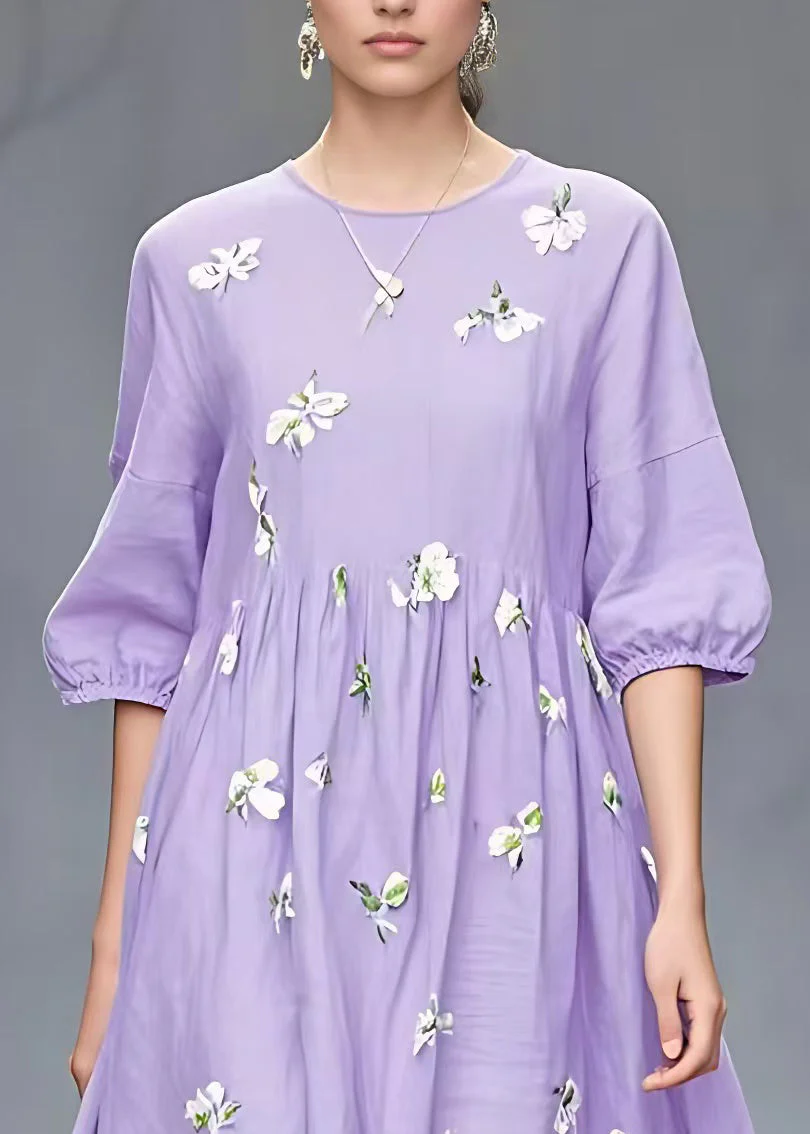Stylish Purple Print Low High Design Cotton Dresses Half Sleeve - Image 3