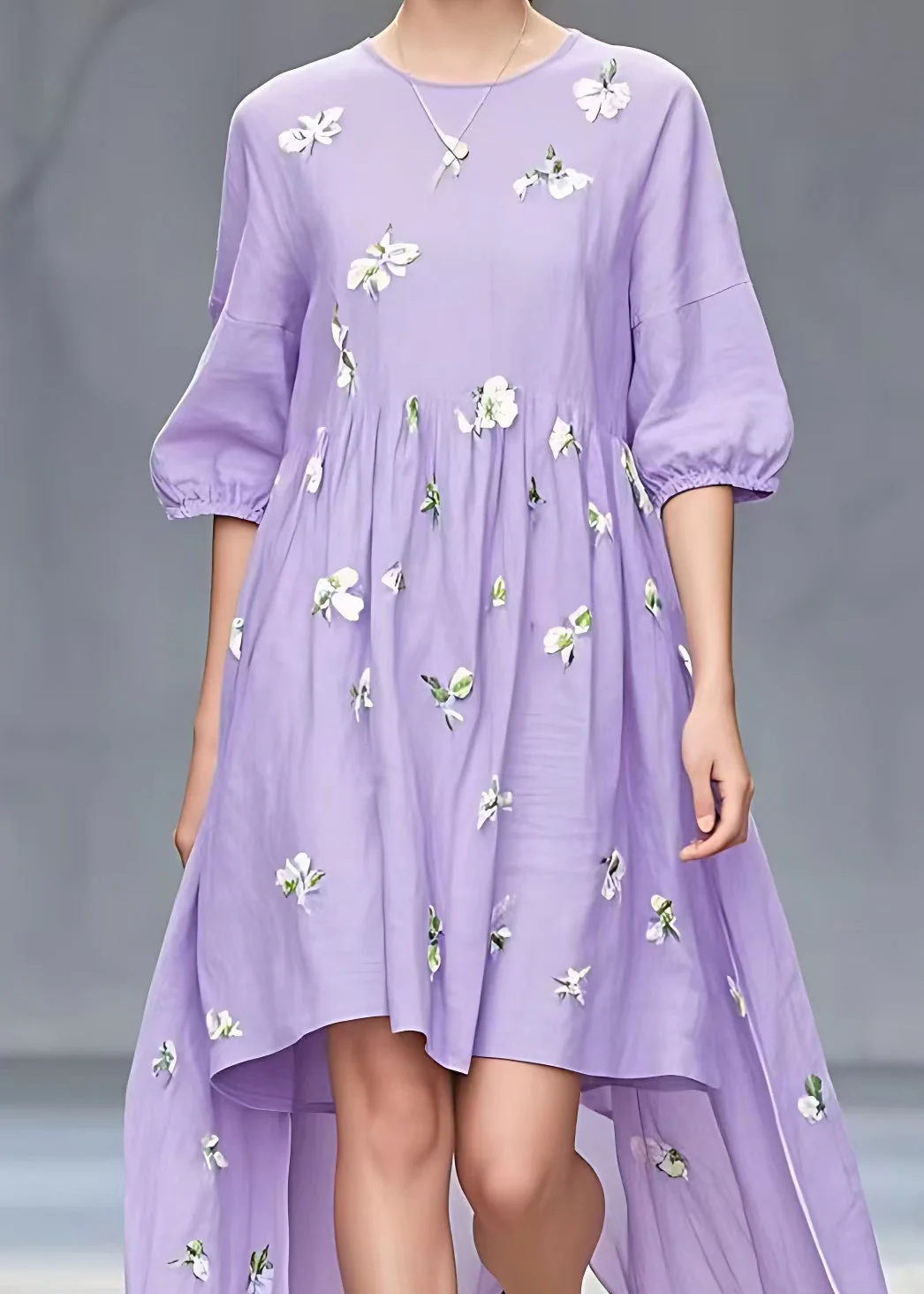 Stylish Purple Print Low High Design Cotton Dresses Half Sleeve - Image 4