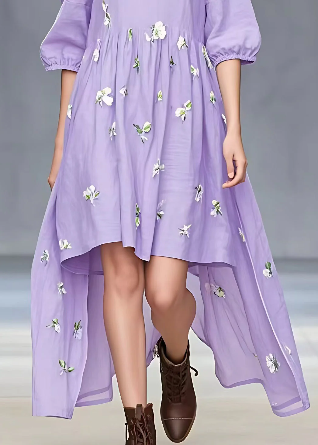 Stylish Purple Print Low High Design Cotton Dresses Half Sleeve - Image 5