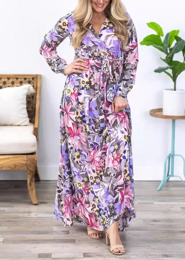Stylish Purple Print Tie Waist Chiffon Maxi Dress Long Sleeve - Image 2