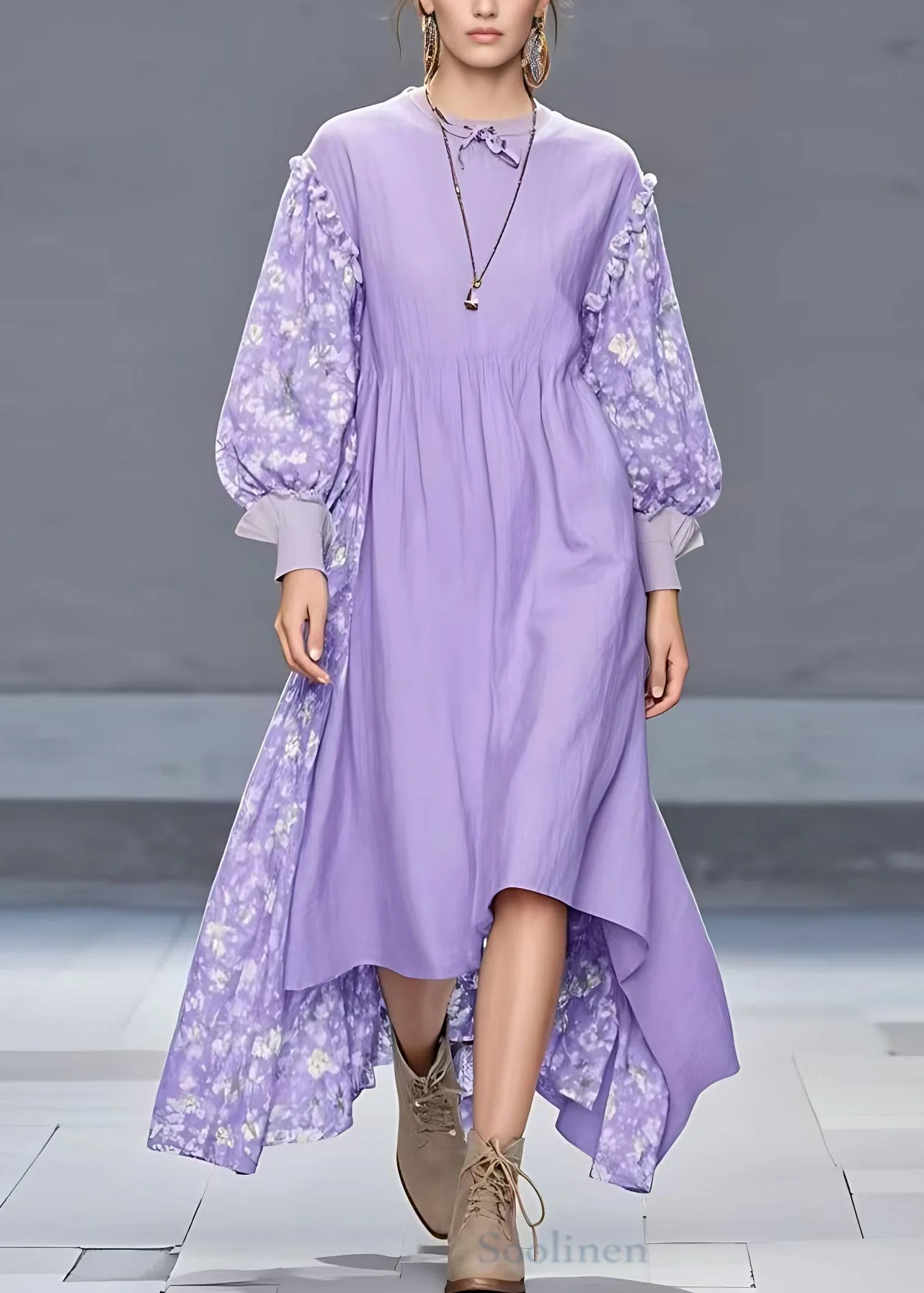 Stylish Purple Ruffled Print Patchwork Cotton Long Dress Fall - Image 2