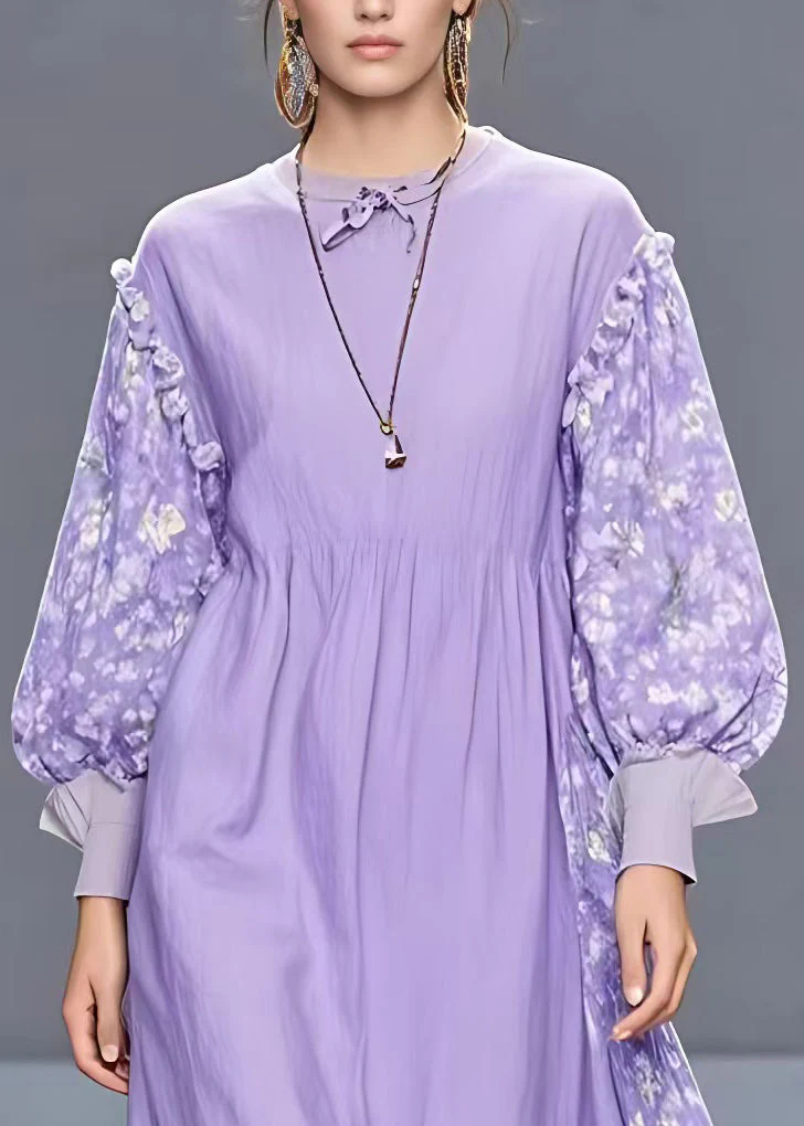 Stylish Purple Ruffled Print Patchwork Cotton Long Dress Fall - Image 3