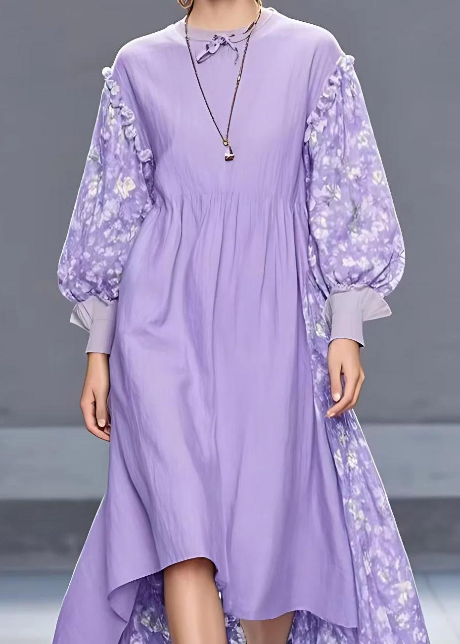 Stylish Purple Ruffled Print Patchwork Cotton Long Dress Fall - Image 4