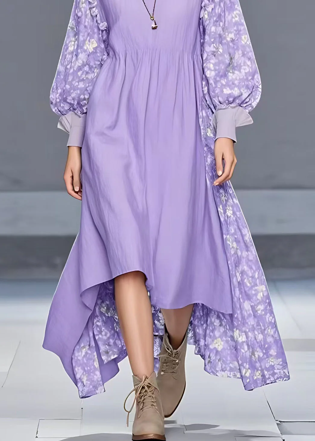 Stylish Purple Ruffled Print Patchwork Cotton Long Dress Fall - Image 5