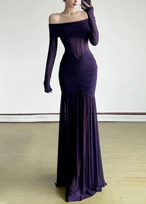 Stylish Purple Slash Neck Wrinkled Tulle Maxi Dresses Spring - Image 3