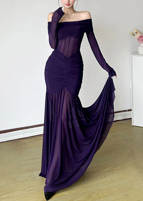 Stylish Purple Slash Neck Wrinkled Tulle Maxi Dresses Spring - Image 4