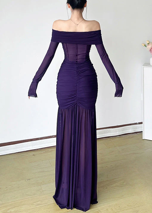 Stylish Purple Slash Neck Wrinkled Tulle Maxi Dresses Spring - Image 5