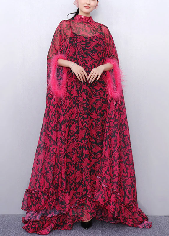 Stylish Purple Turtleneck Print Tulle Patchwork Party Maxi Dress Half Sleeve - Image 2